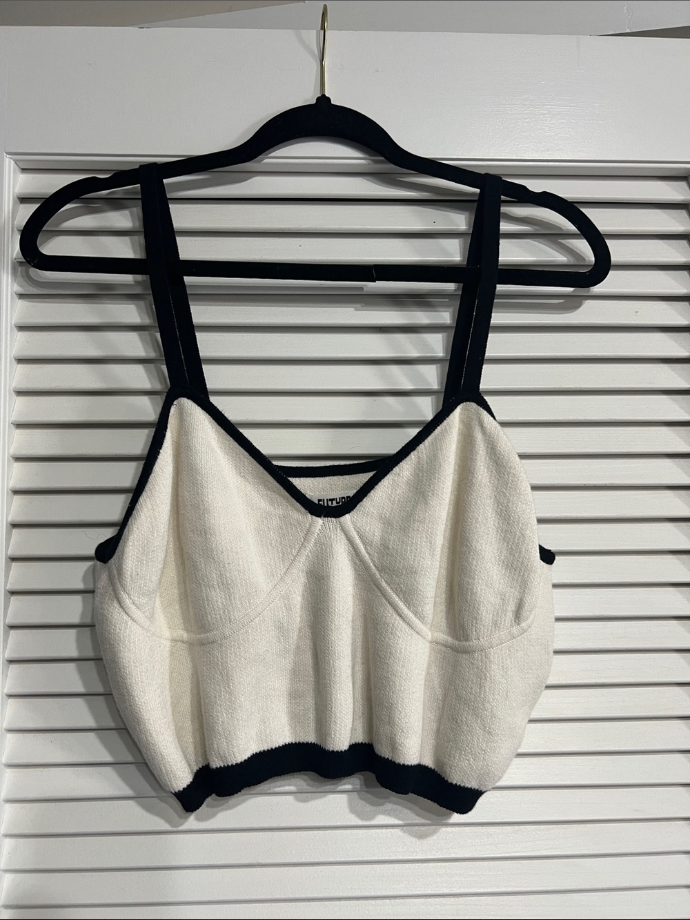 Cropped Knit Tank Top – Cream with Black Trim